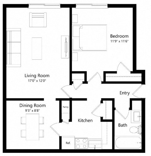 Floor plan for 1 bed, 1 bath, 697 sqft